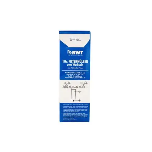 Verpackung mit 10 Filterhülsen aus Polyester-Vlies von BWT zum Wechseln, geeignet für bestimmte Schrumpfschläuche und universelle Filteranwendungen.